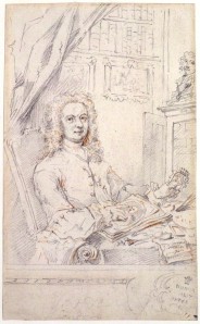 Vertue's self portrait pointing to an engraving and holding its source, a miniature.
